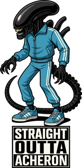 Straight Outta Acheron, parodia grafica con uno xenomorfo in posa hip hop
