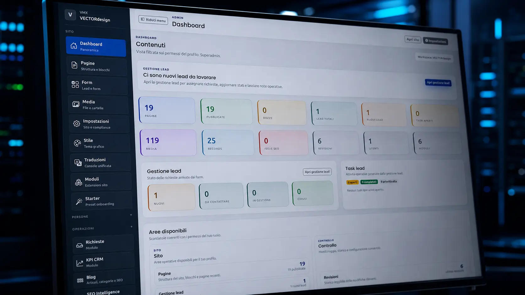 Dashboard della piattaforma web modulare VMX sviluppata da VECTORdesign